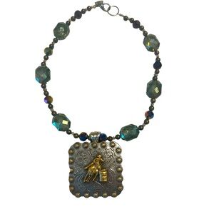 Barrel Racing Silver Tone Pendant Necklace by BS, with Crystal Beads.